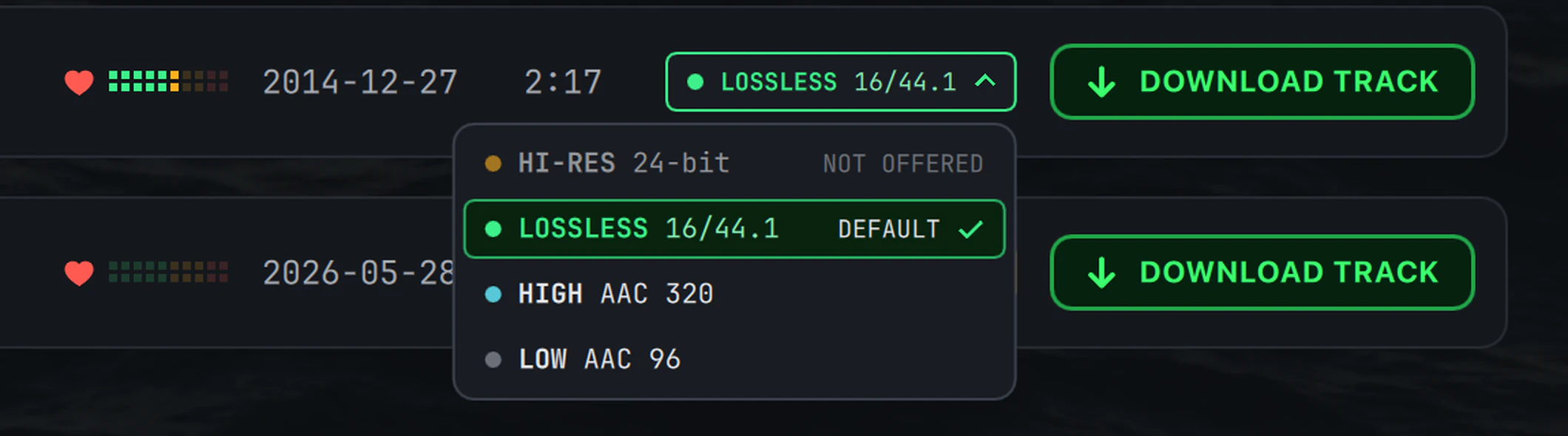 A track row for Kevin MacLeod's Sneaky Snitch with its LOSSLESS 16/44.1 badge clicked open. A menu lists HI-RES 24-bit marked NOT OFFERED, LOSSLESS 16/44.1 with a check, HIGH AAC 320 and LOW AAC 96, with the DOWNLOAD TRACK button beside it.